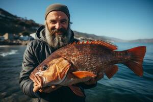 AI generated Fisherman holding fish in his hands Generative AI photo