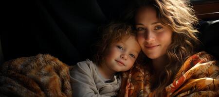 AI generated mother hugs her little child Generative AI photo