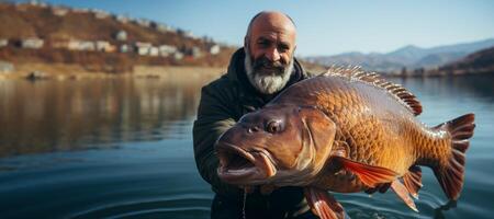 ai generado pescador participación pescado en su manos generativo ai foto