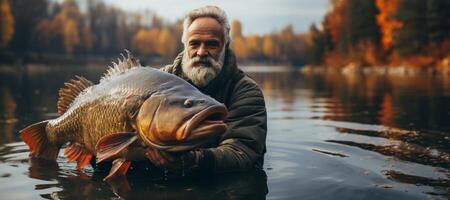 ai generado pescador participación pescado en su manos generativo ai foto