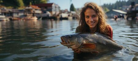 ai generado hembra pescador participación pescado en su manos generativo ai foto