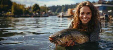 AI generated female fisherman holding fish in his hands Generative AI photo