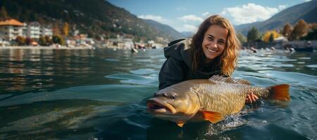 ai generado hembra pescador participación pescado en su manos generativo ai foto