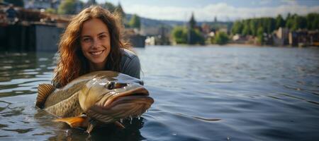 AI generated female fisherman holding fish in his hands Generative AI photo