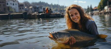 ai generado hembra pescador participación pescado en su manos generativo ai foto