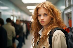 ai generado retrato de un Chica de escuela en un colegio corredor generativo ai foto