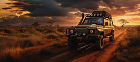 AI generated Safari SUV against sunset background Generative AI photo