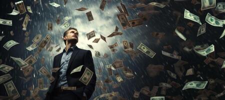 AI generated businessman in the rain of money Generative AI photo