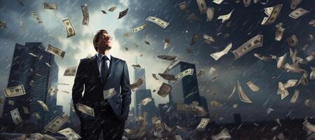 AI generated businessman in the rain of money Generative AI photo