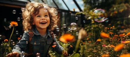 ai generado alegre niño en naturaleza con jabón burbujas generativo ai foto