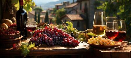 ai generado racimos de uvas y lentes de vino en un borroso antecedentes generativo ai foto