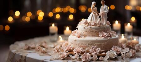 ai generado Boda pastel con cifras de el novia y novio en un borroso antecedentes generativo ai foto