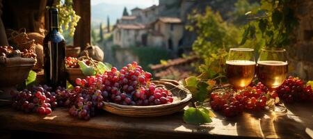 ai generado racimos de uvas y lentes de vino en un borroso antecedentes generativo ai foto