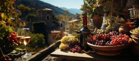 ai generado racimos de uvas y lentes de vino en un borroso antecedentes generativo ai foto