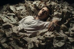 AI generated man sleeping in a pile of money Generative AI photo