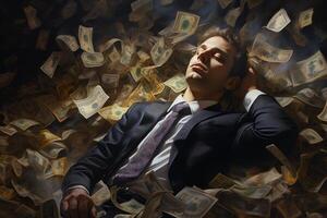 AI generated man sleeping in a pile of money Generative AI photo