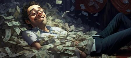 AI generated man sleeping in a pile of money Generative AI photo