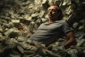 AI generated man sleeping in a pile of money Generative AI photo