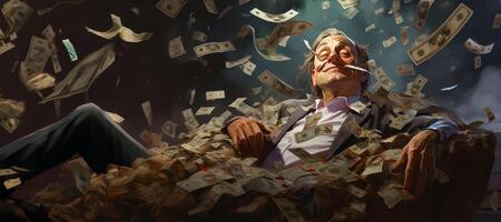 AI generated man sleeping in a pile of money Generative AI photo