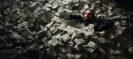 AI generated man sleeping in a pile of money Generative AI photo