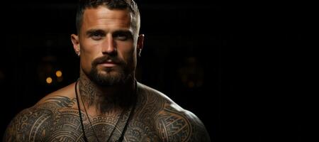 ai generado tatuado muscular hombre cerca arriba generativo ai foto