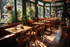 AI generated empty morning cafe restaurant Generative AI photo