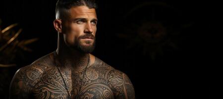 AI generated tattooed muscular man close up Generative AI photo