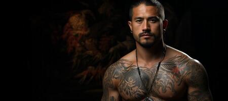 ai generado tatuado muscular hombre cerca arriba generativo ai foto