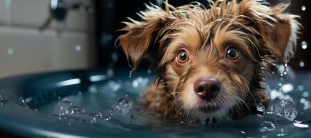 AI generated wet dog bathes in the bath Generative AI photo