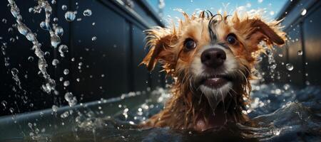 AI generated wet dog bathes in the bath Generative AI photo