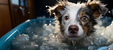 AI generated wet dog bathes in the bath Generative AI photo