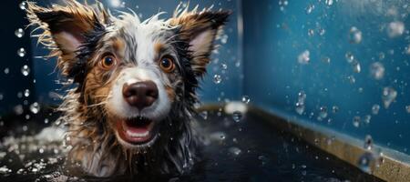 AI generated wet dog bathes in the bath Generative AI photo