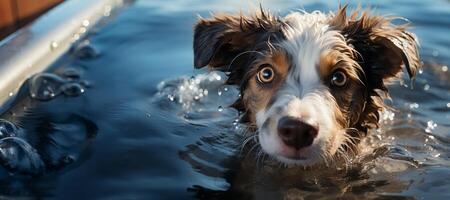 AI generated wet dog bathes in the bath Generative AI photo