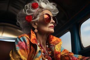 AI generated modern grandmother in sunglasses Fashion Generative AI photo