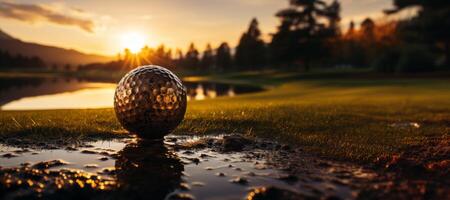 ai generado golf pelota cerca arriba en el césped generativo ai foto