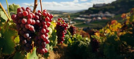 ai generado racimos de uvas en un campo en un borroso antecedentes generativo ai foto