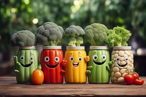 AI generated Happy healthy vegetables  fruts in a row.Cartoon vegetable Generative AI photo