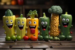 ai generado contento sano vegetales frutas en un fila.dibujos animados vegetal generativo ai foto