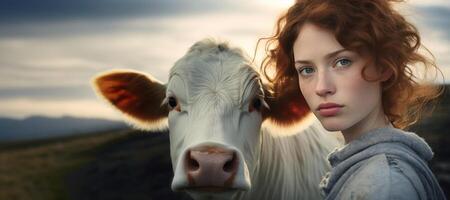 ai generado niña con un vaca de cerca retrato generativo ai foto