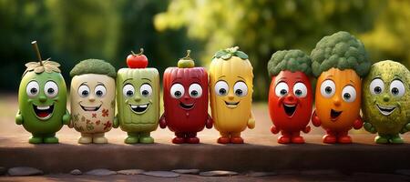 AI generated Happy healthy vegetables  fruts in a row.Cartoon vegetable Generative AI photo