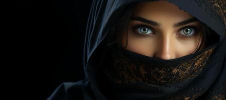 ai generado ojos de un hermosa niña en un negro hijab generativo ai foto