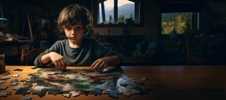 AI generated a child collects puzzles in his room Generative AI photo