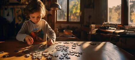 ai generado un niño recoge rompecabezas en su habitación generativo ai foto