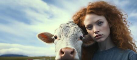 AI generated girl with a cow close-up portrait Generative AI photo