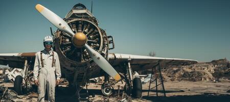 AI generated male pilot against the background of a motor plane on the runway Generative AI photo