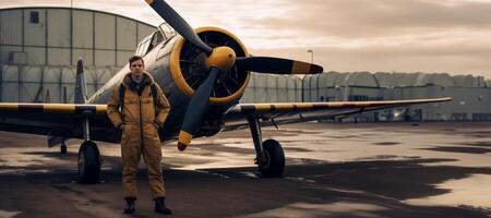 ai generado masculino piloto en contra el antecedentes de un motor avión en el pista generativo ai foto