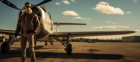 AI generated male pilot against the background of a motor plane on the runway Generative AI photo