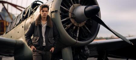 AI generated male pilot against the background of a motor plane on the runway Generative AI photo