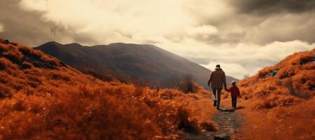 AI generated family walks in autumn against the backdrop of mountains Generative AI photo