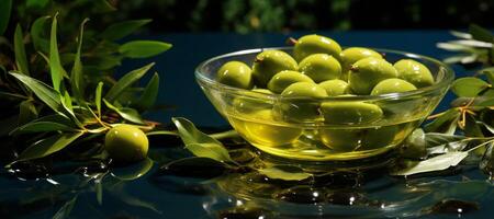 AI generated green olives on a blurred background Generative AI photo